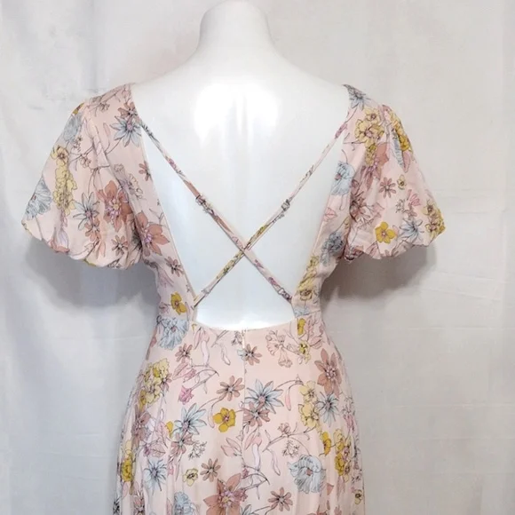 Lulus NWT Floral Print Puff Sleeves Crisscross Open Back Maxi Dress XS - Picture 12 of 15